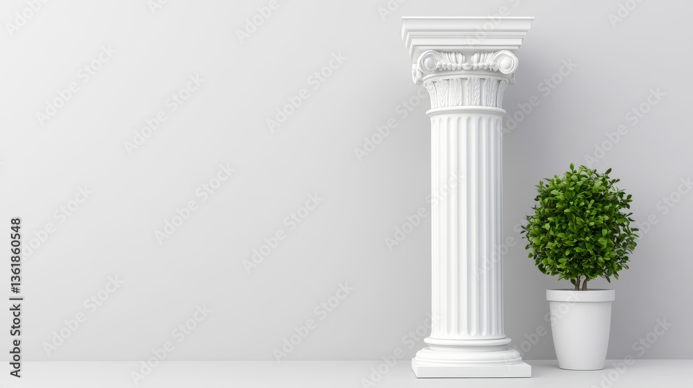 White classical column stands beside a small potted plant in a minimalist indoor space during daylight White classical column stands beside a small potted plant in a minimalist indoor space during daylight