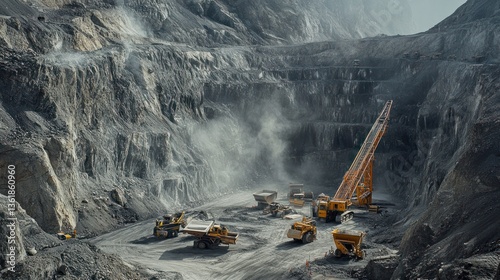Gigantic open-pit mining operation excavating minerals with heavy equipment and dust