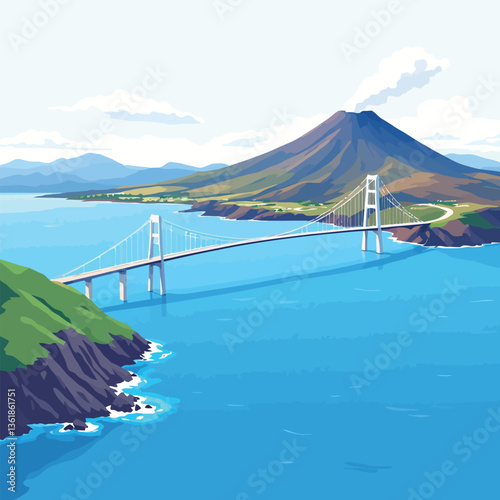Suspension bridge connecting two islands with volcano in background