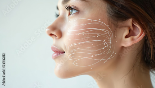 Woman face with dotted lines. Facial treatment skincare, anti-aging therapy in beauty spa. Cosmetic procedure, lymphatic drainage therapy. Aesthetic treatment, cosmetology, close-up, side view.