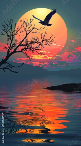 Majestic sunset over tranquil lake with bird in flight