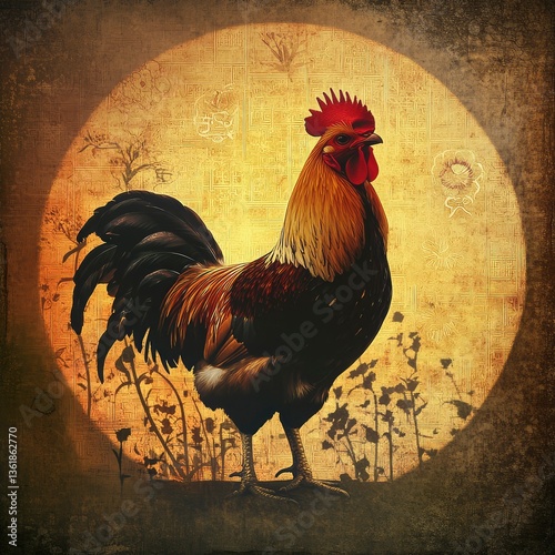 Majestic Rooster in Vintage Asian Style Setting