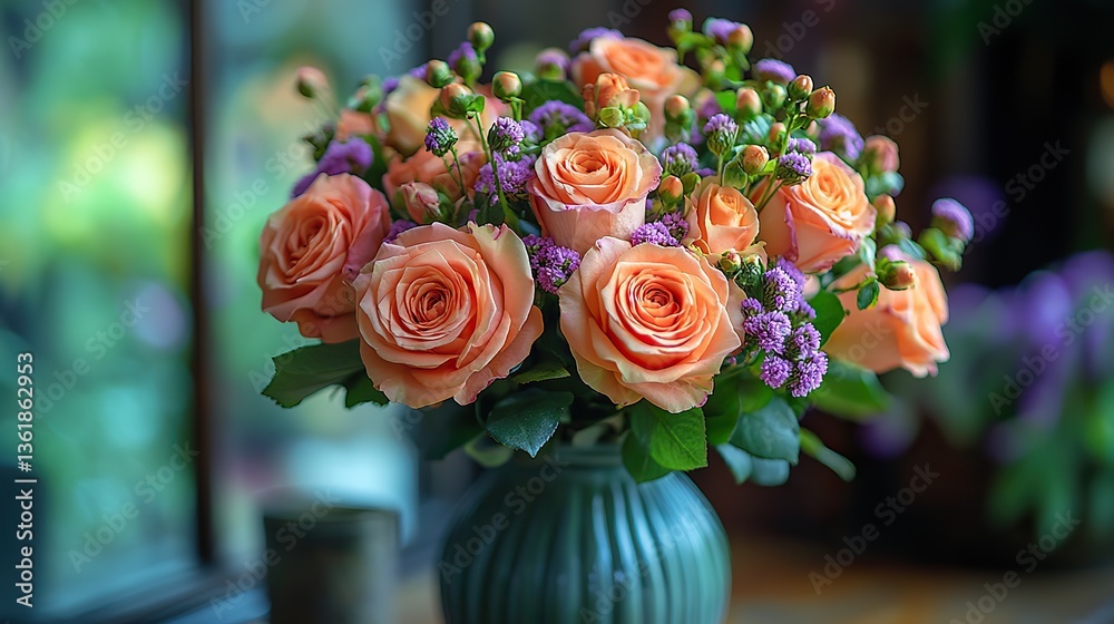 Fototapeta premium a vibrant bouquet with bold orange roses bright green dianthus,soft purple accents this lively arrangement brings energy,cheer perfect for celebrations or home decor