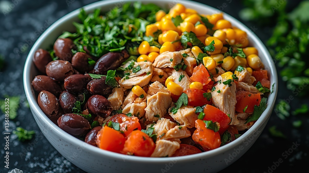 a vibrant chicken salad with fresh ingredients including tomatoes corn olives carrots,parsley served in a white bowl the colorful combination offers a healthy refreshing,balanced meal a vibrant chicken salad with fresh ingredients including tomatoes corn olives carrots,parsley served in a white bowl the colorful combination offers a healthy refreshing,balanced meal