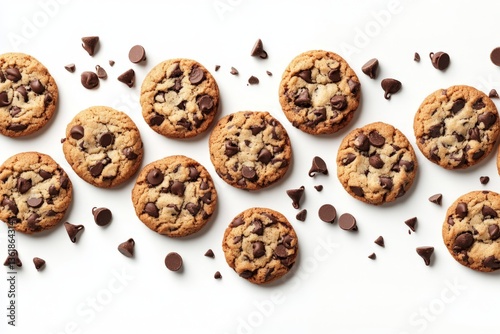 Delicious freshly baked chocolate chip cookies arranged with chocolate chips on a white background