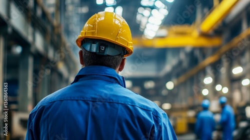Workers in a factory observe operations while wearing safety helmets during daytime hours in a manufacturing facility