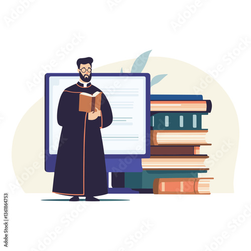 A priest is standing in front of an online class, holding the Bible and teaching religious content on a digital screen with books stacked behind him.