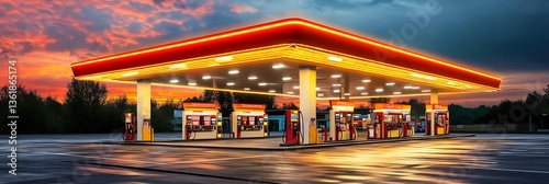 Illuminated gas station pumps fuel at night against vivid sunset sky for travel