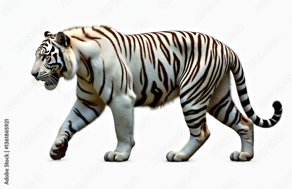 White tiger walking, side view, photorealistic illustration on transparent background. Majestic predator, striped fur, powerful feline, alert expression, isolated cutout on white background. Generate White tiger walking, side view, photorealistic illustration on transparent background. Majestic predator, striped fur, powerful feline, alert expression, isolated cutout on white background. Generate
