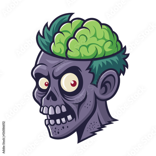 Create a vector illustration of a zombie head with bold, black strokes and a vibrant, eerie green glow emanating from within the skull.