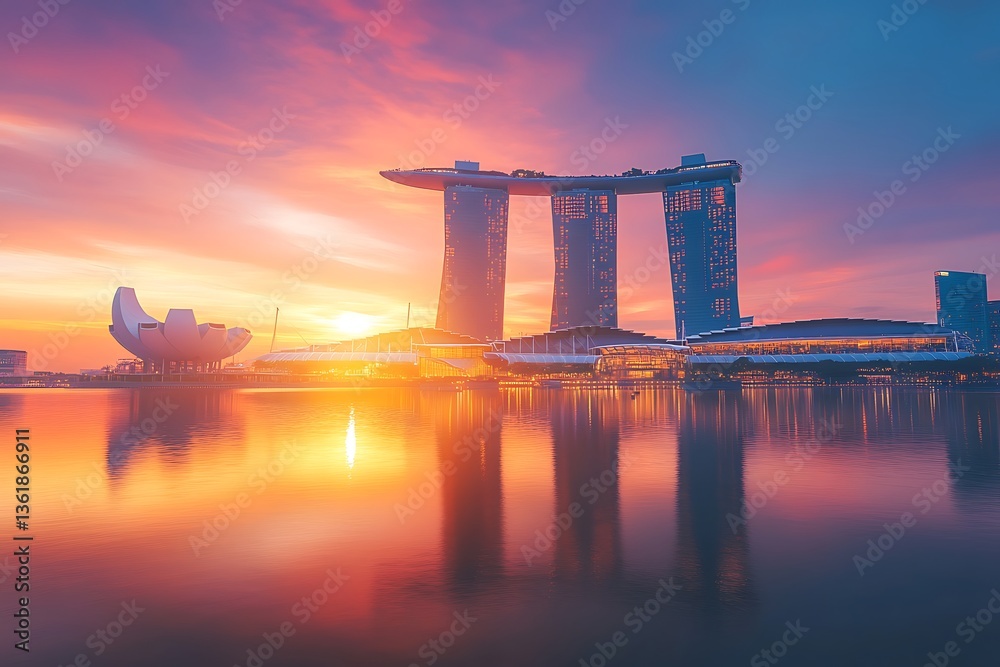 Naklejka premium City skyline at dusk reflects in calm water, showcasing stunning urban background