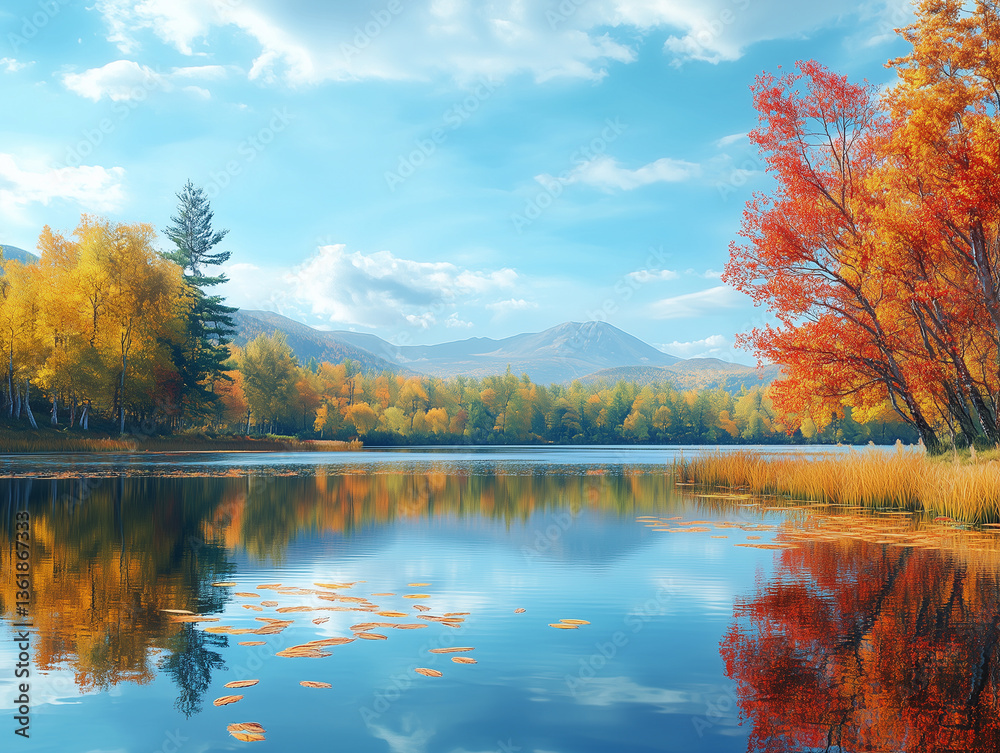 Fototapeta premium Serene Autumn Lake Landscape with Vibrant Fall Foliage and Reflective Water – Oil Painting Style with Golden Hour Lighting