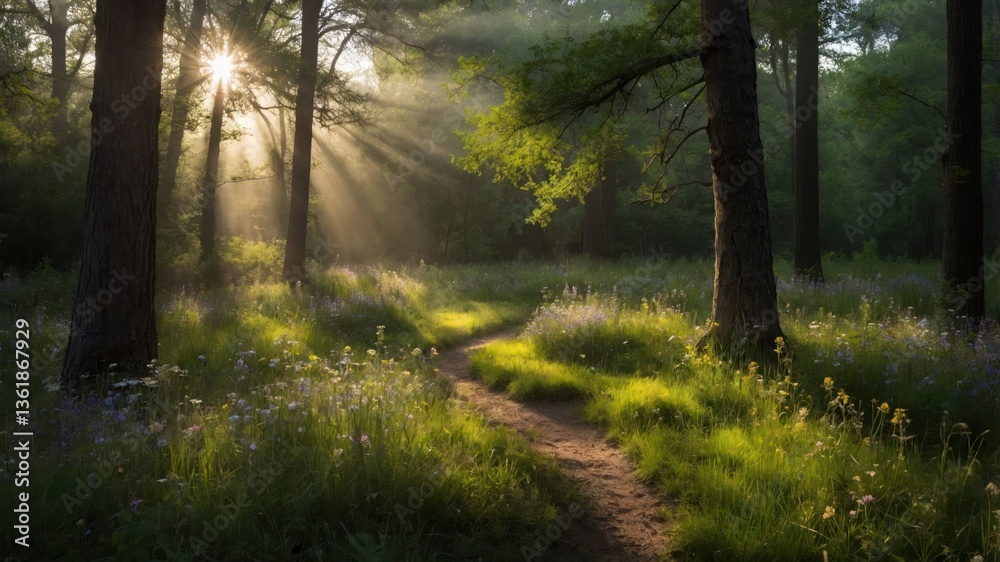 Obraz premium A serene forest scene with sunlight streaming through trees, illuminating a winding path and vibrant greenery.