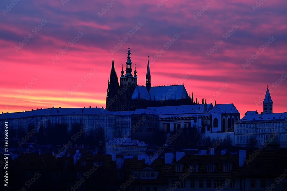 Naklejka premium Prague Castle in silhouette under the bright, dramatic sky, travel destination