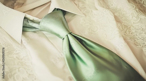 Elegant Sage Green Necktie on Ivory Shirt with Lace Detail