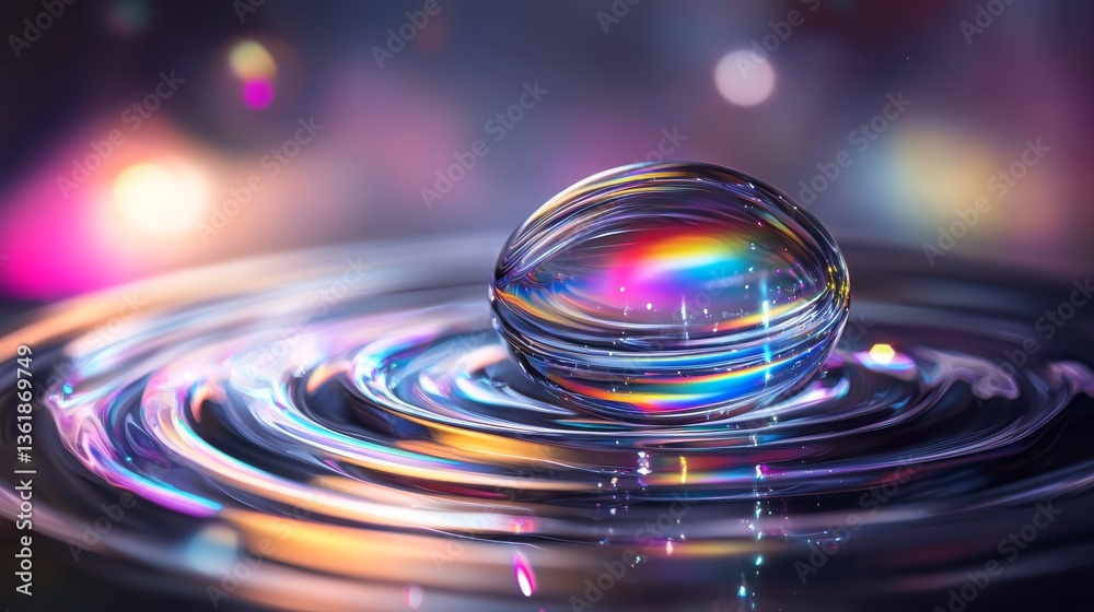 Obraz premium A captivating close-up of a water droplet creating ripples, showcasing vibrant colors and reflections against a dreamy background.