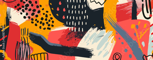 Abstract colorful geometric shapes and bold brush strokes in modern art design. © GRACE