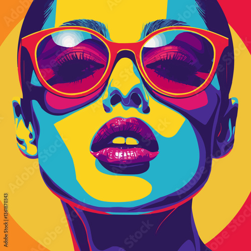 Colorful pop art portrait of young caucasian female in sunglasses.