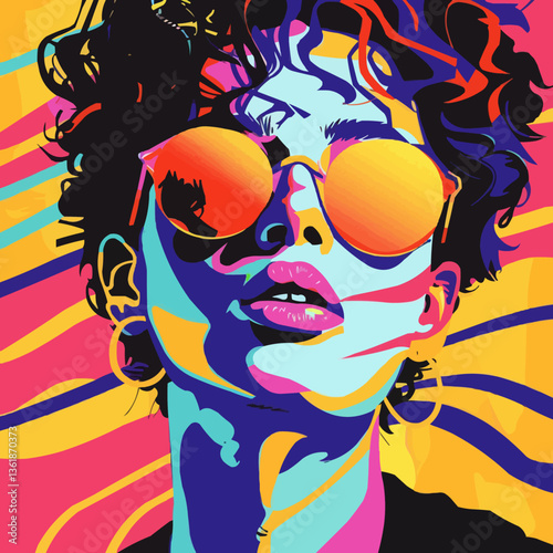 Vibrant abstract portrait of young female in sunglasses with colorful background.