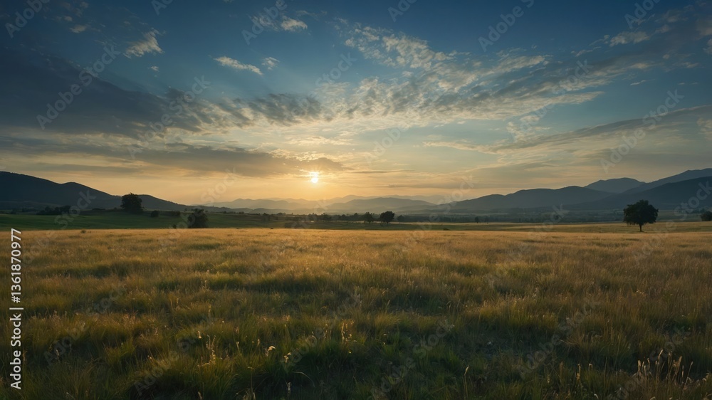 Obraz premium A serene landscape at sunset with rolling hills and a grassy field under a colorful sky.