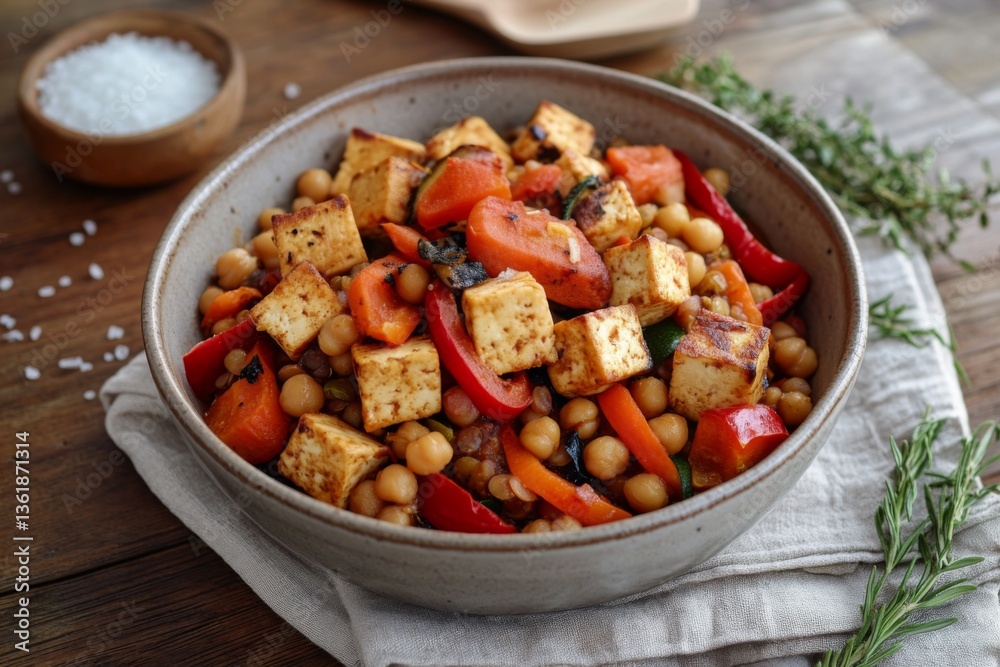 A plant-based stew in a ceramic bowl with chickpeas, lentils, tofu, and roasted vegetables, set on a rustic wooden table A plant-based stew in a ceramic bowl with chickpeas, lentils, tofu, and roasted vegetables, set on a rustic wooden table