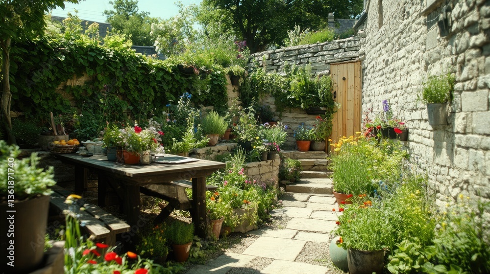Fototapeta premium Picturesque Cottage Garden with Stone Walls and Wooden Table