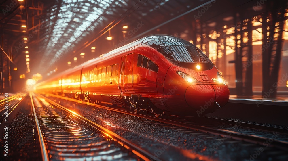 Fototapeta premium Red train speeds through station