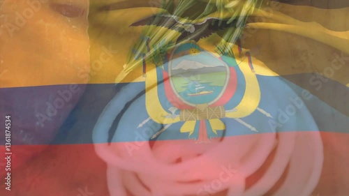 Ecuadorian flag overlaying fresh vegetables, symbolizing national cuisine and animation