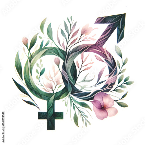 Nature-inspired depiction of masculinity and femininity, blending soft botanical elements with gender representation