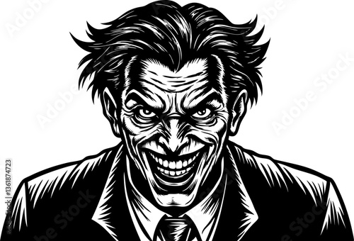 Maniac sinister-looking man with a wide, unsettling grin and intense eyes, madness, horror sketch engraving vector