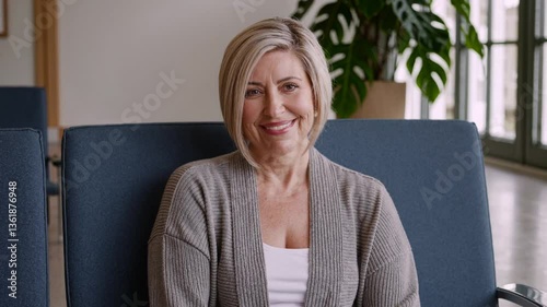middle-aged woman smiles while seated in a waiting room or lounge, slightly overweight lady in casual clothes, simple composition