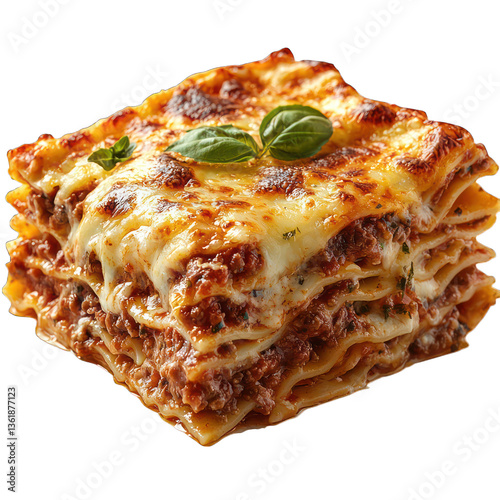 A portion of homemade lasagna with melted cheese, isolated on a white background.