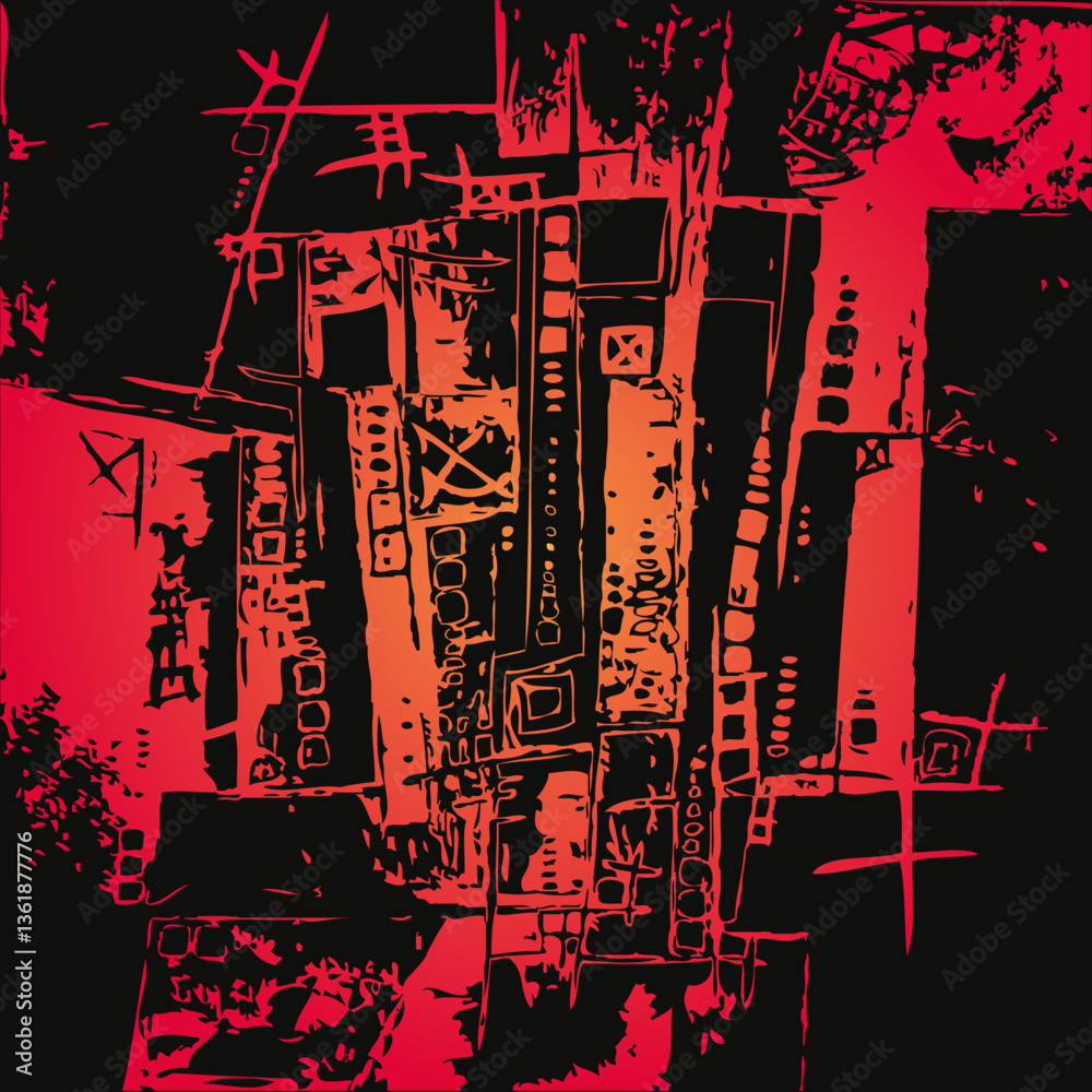 Illustration Abstraite Ville Carte Plan Architecture Moderne Lignes Vecteur en deux Couleurs Noir et Rouge