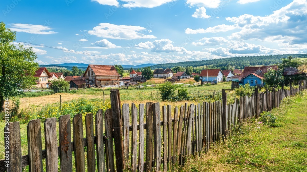 Fototapeta premium Scenic rural landscape featuring a wooden fence, vibrant fields, and charming houses under a bright blue sky