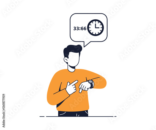 Stylized Male Character Pointing to Wristwatch with Clock Face