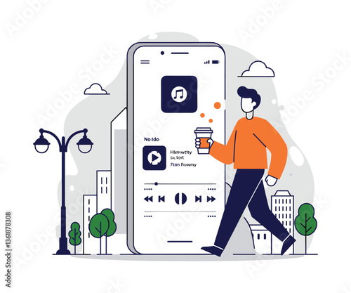 Stylized Male Character Walking with Coffee, Smartphone, and Music Player Interface
