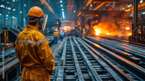 Worker in steel mill observing hot metal
