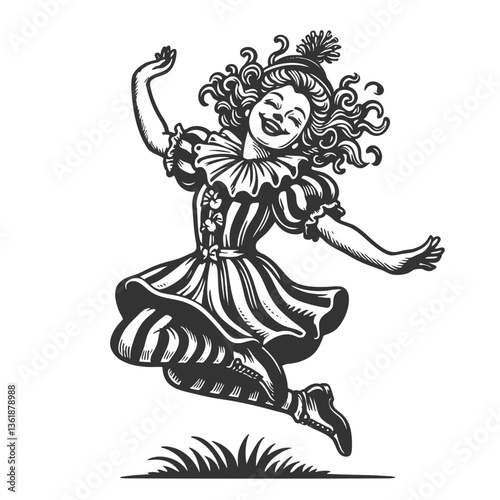 joyful clown mid-jump, wearing a vintage ruffled outfit with striped pants and playful expression sketch engraving generative ai vector illustration. Scratch board imitation. Black and white image.