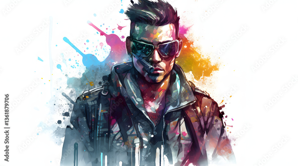 Naklejka premium The Cyberpunk Detective cyberpunk Character Colorful watercolor painting