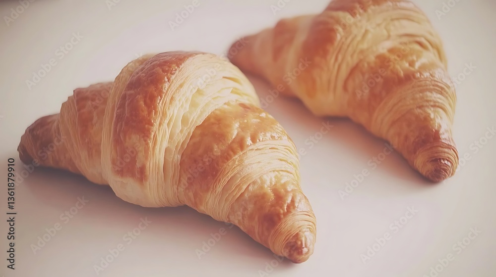 Two golden croissants are sitting on a plain white surface Two golden croissants are sitting on a plain white surface