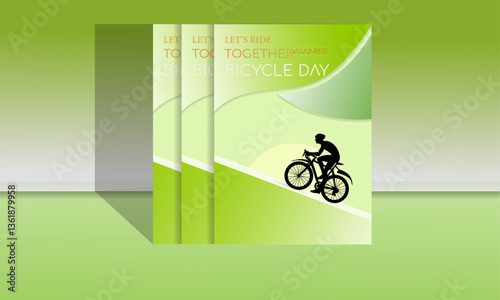 World bicycle day flyer. Earth day poster design concept with bicycle and globe shape. Ecology and environment theme. Vector flyer on green gradian background. 