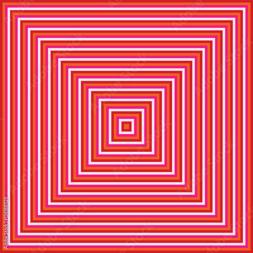 Visual effect created by red, orange, bright and pale pink squares getting progressively smaller