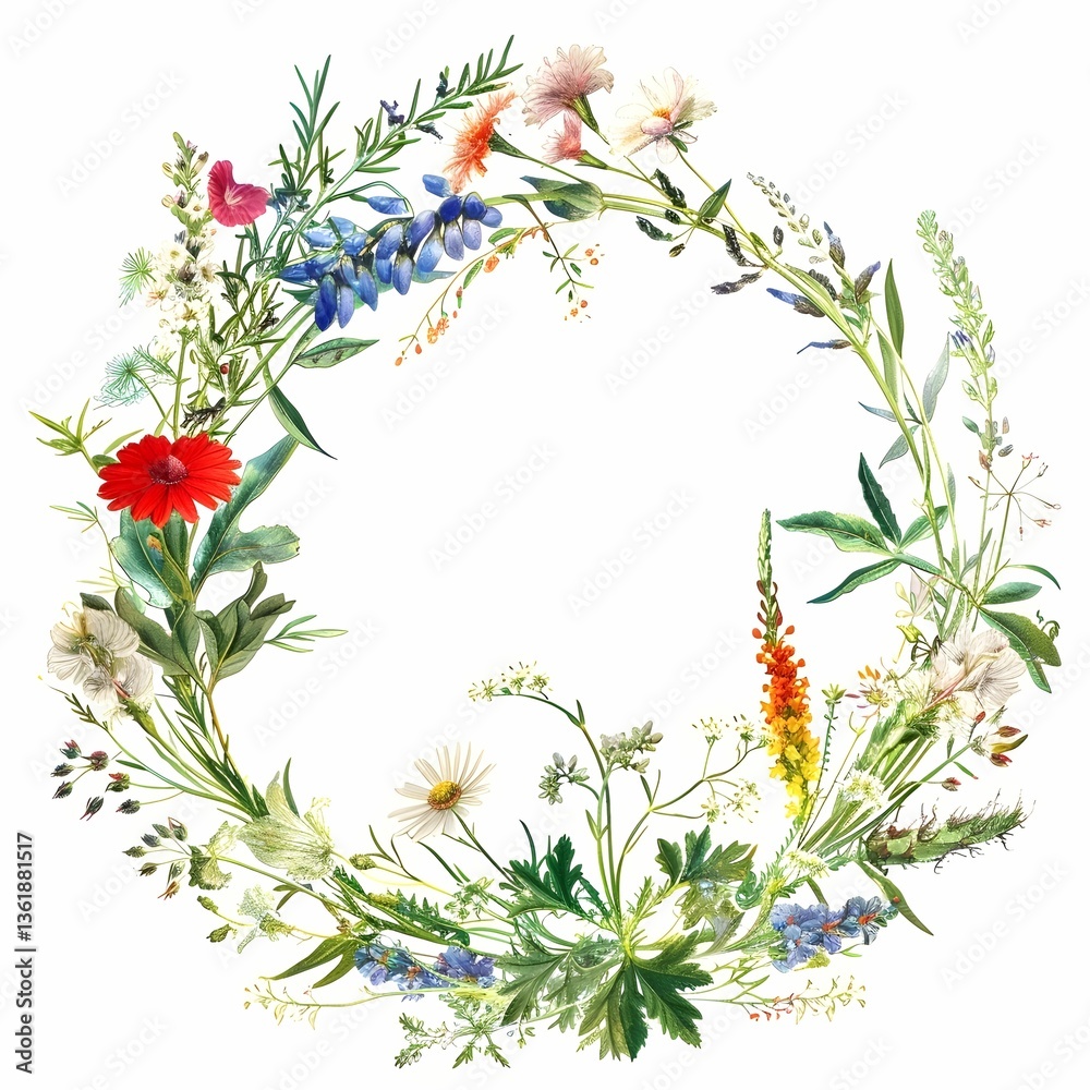 Naklejka premium Colorful wildflower wreath surrounding white negative space, featuring delicate blooms and lush greenery creating elegant circular botanical frame