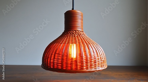 A warm glowing wicker pendant light fixture hanging from above