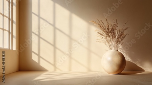 Beige room with vase and sunlight