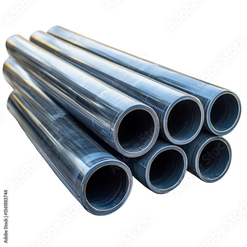 Stack of metallic pipes against a dark background for industrial purposes isolated on transparent background photo