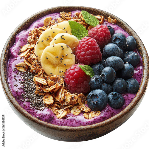 Overhead view of an acai bowl topped with raspberries, blueberries, banana and granola, isolated on white background