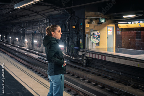 Wallpaper Mural A young woman in a tracksuit is standing alone on a metro platform, holding a smartphone near a dark tunnel, capturing a quiet urban moment in winter. Torontodigital.ca