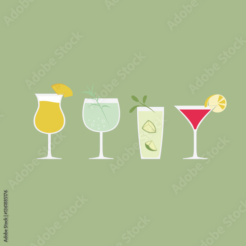 Summer Cocktail set. Classical drinks in glasses with bar drinks. Cocktails and Mocktails collection. Alcoholic and non-alcoholic summer drinks with mojito, wineglass, mimosa, prosecco, sangria, juice