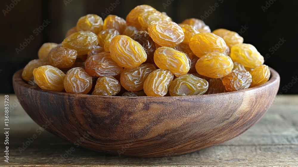 a wooden bowl filled with i zmir sultana raisins seedless sits on a wooden surface the golden,amber colored dried grapes showcase their natural sweetness,chewy texture